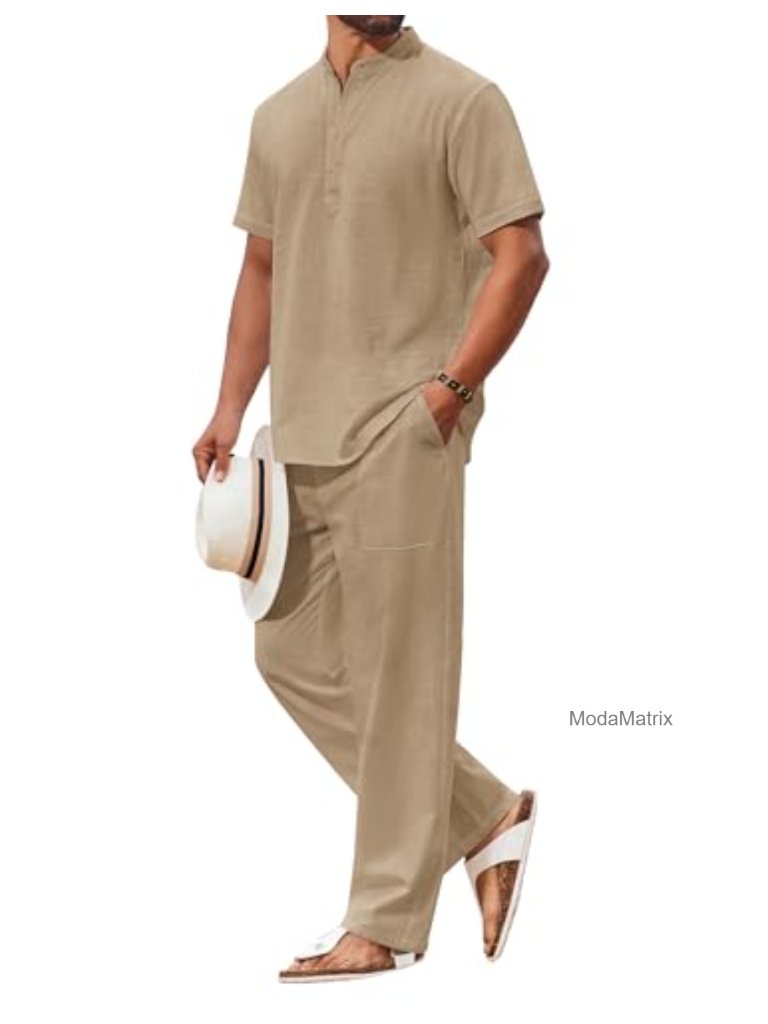 Men's 2-Piece Cotton Set: Short Sleeve Henley Shirt With Beach Pants, Vacation